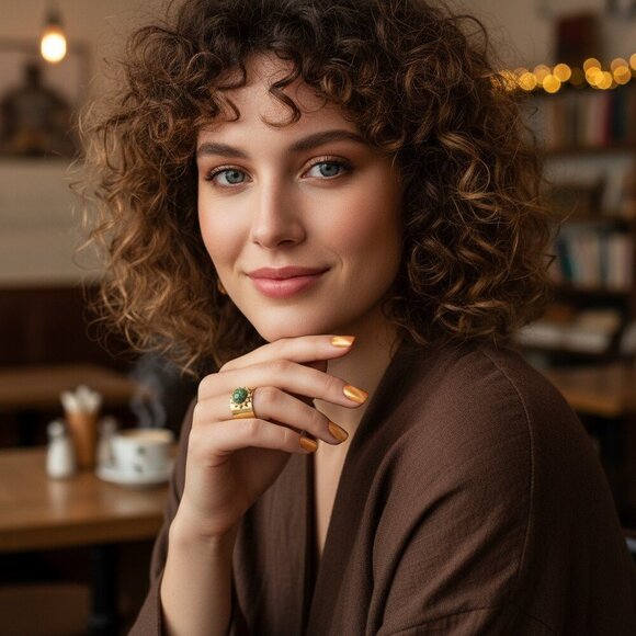 🆕️ Elegant 18K Gold Plated Adjustable Ring with Moss Agate Stone, Fits 7-8 💍 - Picture 6 of 17